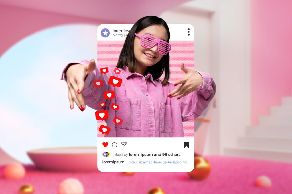 Creator con occhiali da sole rosa e una cornice fotografica per i social